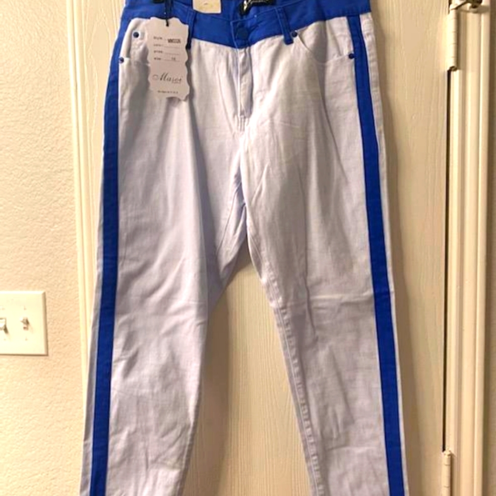 White pants with royal blue accent